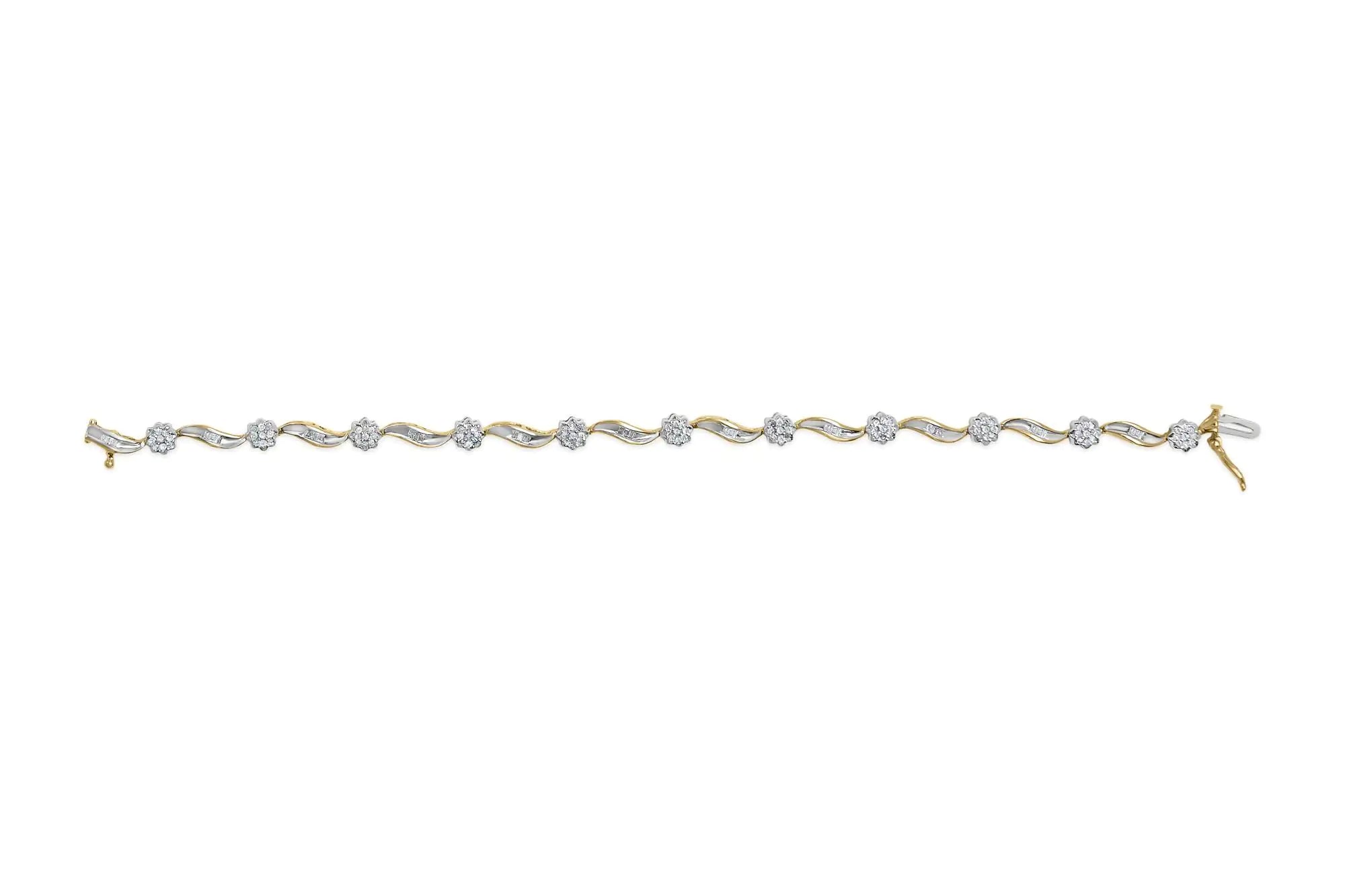 10K Yellow and White Gold 1.00 Cttw Round-Cut and Baguette-Cut Diamond Floral S-Link 7" Bracelet (I-J Color, I1-I2 Clarity)