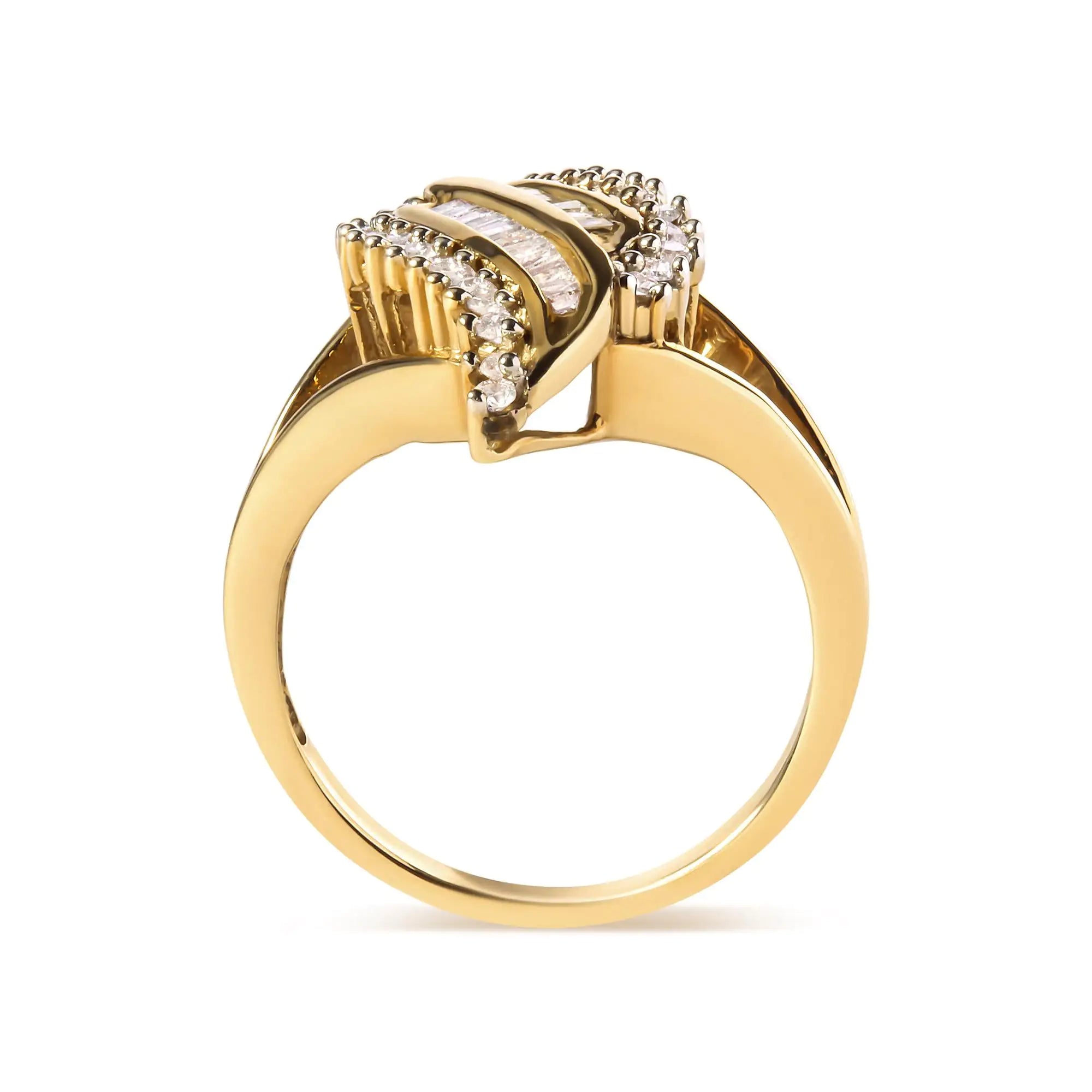 10K Yellow Gold 1/2 Cttw Round and Baguette Cut Diamond Cocktail Ring (H-I Color, I1-I2 Clarity)