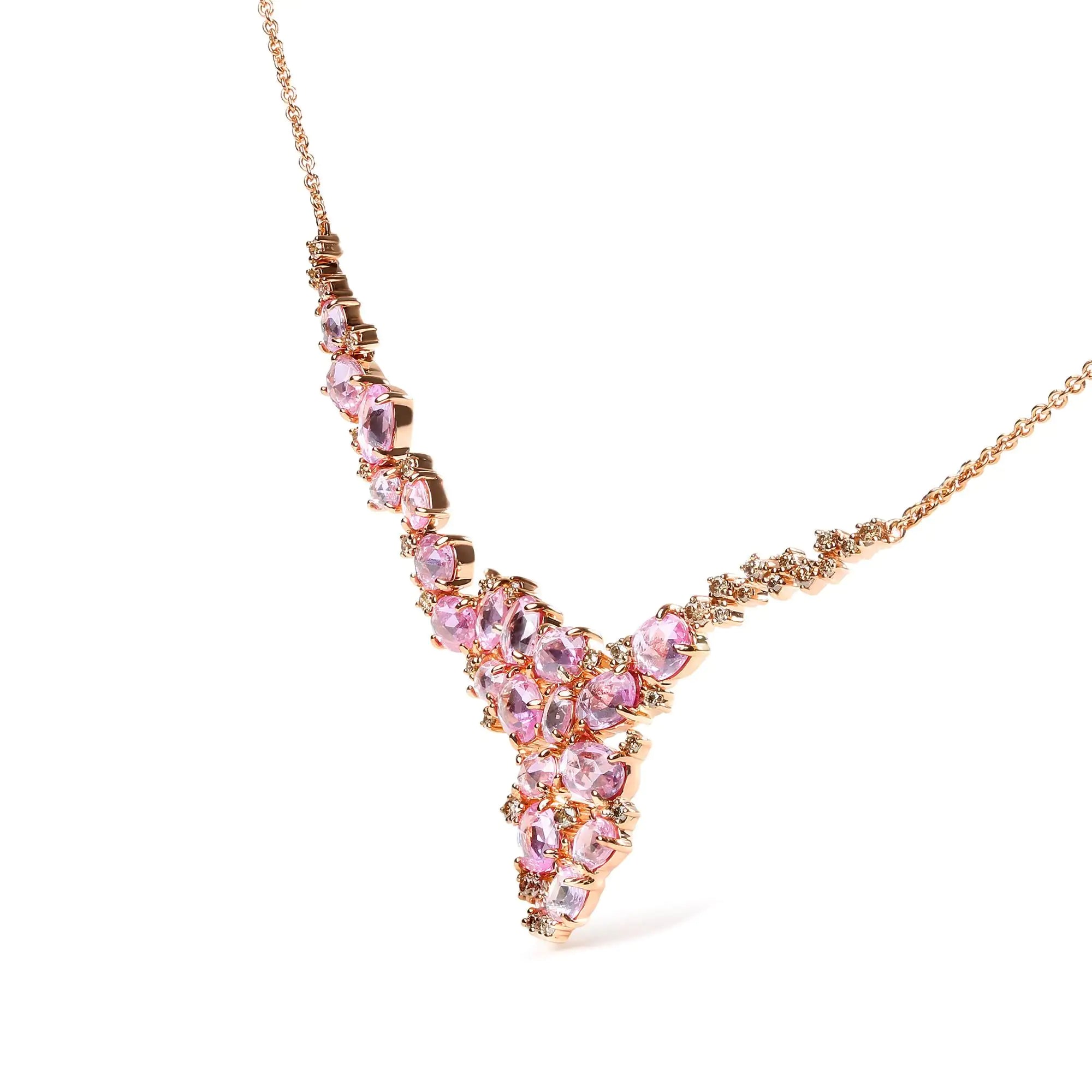 18K Rose Gold 1/2 Cttw Brown Diamond and Multi-Size Oval Pink Sapphire Cluster Cascade Statement Station Necklace (Brown Color, SI1-SI2 Clarity) - Adjustable up to 14" to 16"