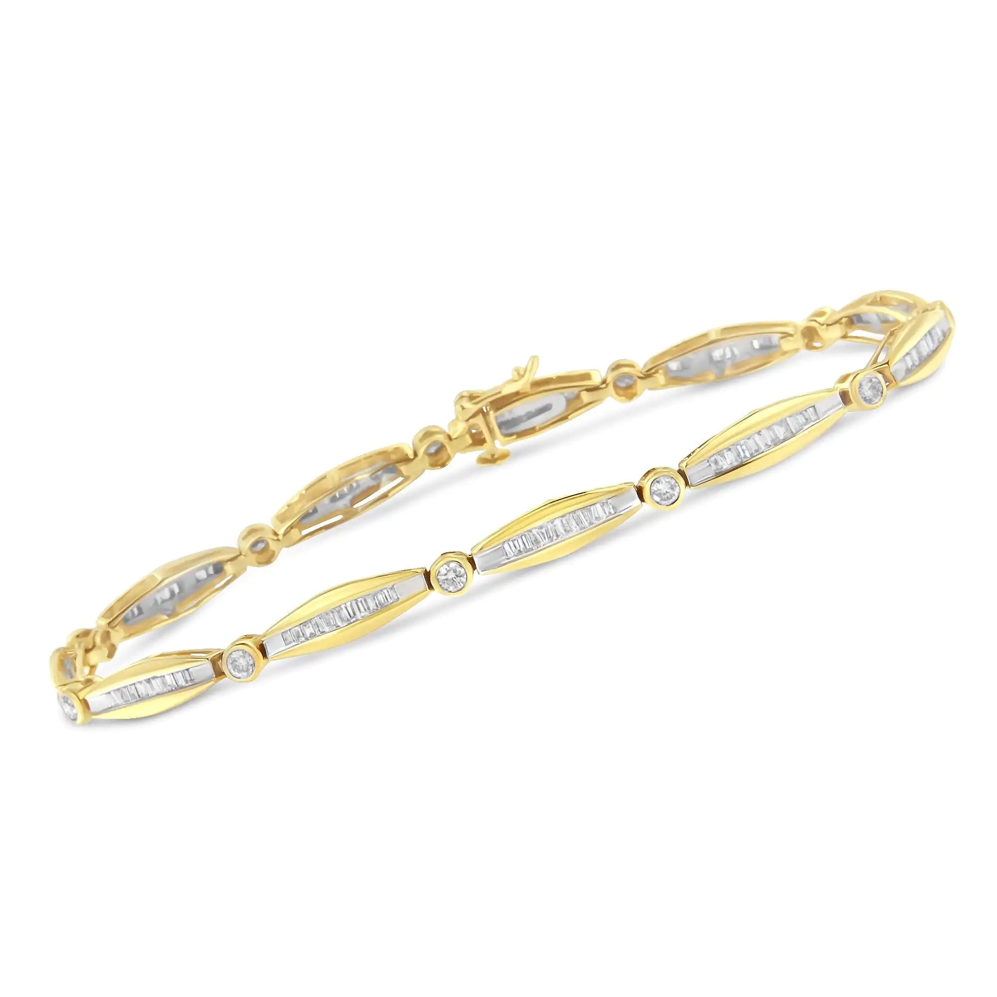 14K Yellow Gold 1-1/2 Cttw Round Brilliant-Cut & Baguette Cut Diamond Bezel and Tapered Link 7" Tennis Bracelet (H-I Color, I1-I2 Clarity)