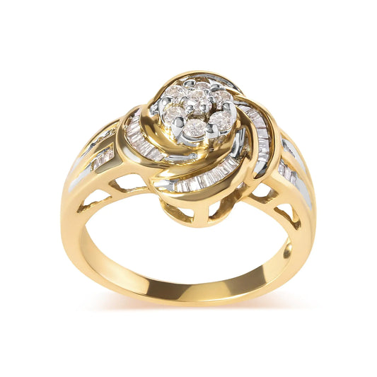 10K Yellow Gold 1/2 Cttw Round and Baguette Diamond Flower Swirl Cocktail Ring (I-J Color, SI2-I1 Clarity)