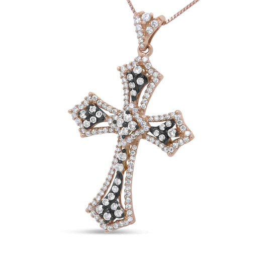 14K Rose Gold and Black Rhodium 1.0 Cttw Diamond Ornate Vintage St. James Budded Cross Pendant 18" Necklace - (Brown/H-I Color, SI1-SI2 Clarity)